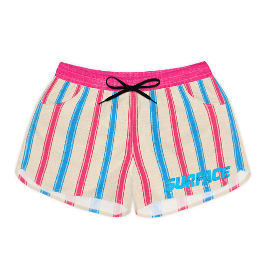 Striped Beach Shorts for Women — Pink & Blue Casual Summer Lounge Shorts with 'Surface' Accent