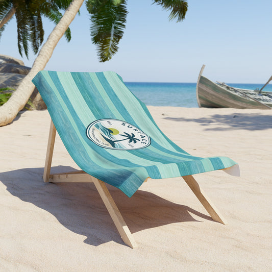 Surfside Stripes Beach Towel — 'Surface' Palm Sunset Logo