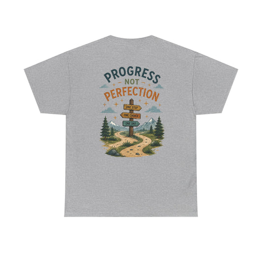 Progress Not Perfection Graphic Tee — Motivational Hiking Signback T‑Shirt