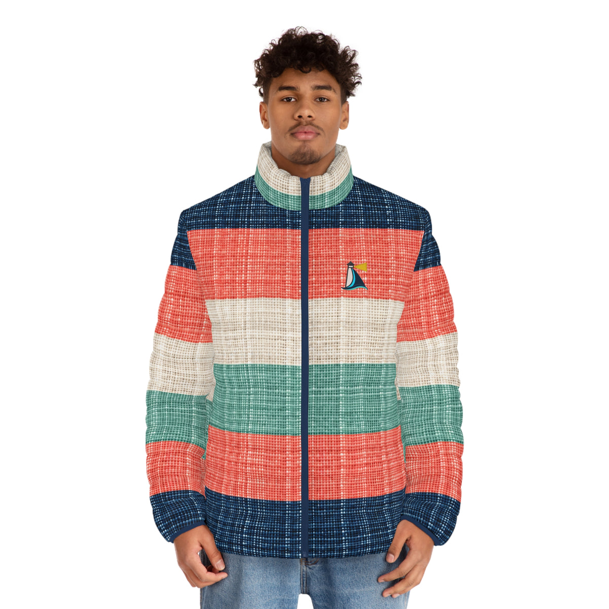 Beach Club Collective Harbor Stripe Puffer Jacket with Colorful Sailboat Chest Logo