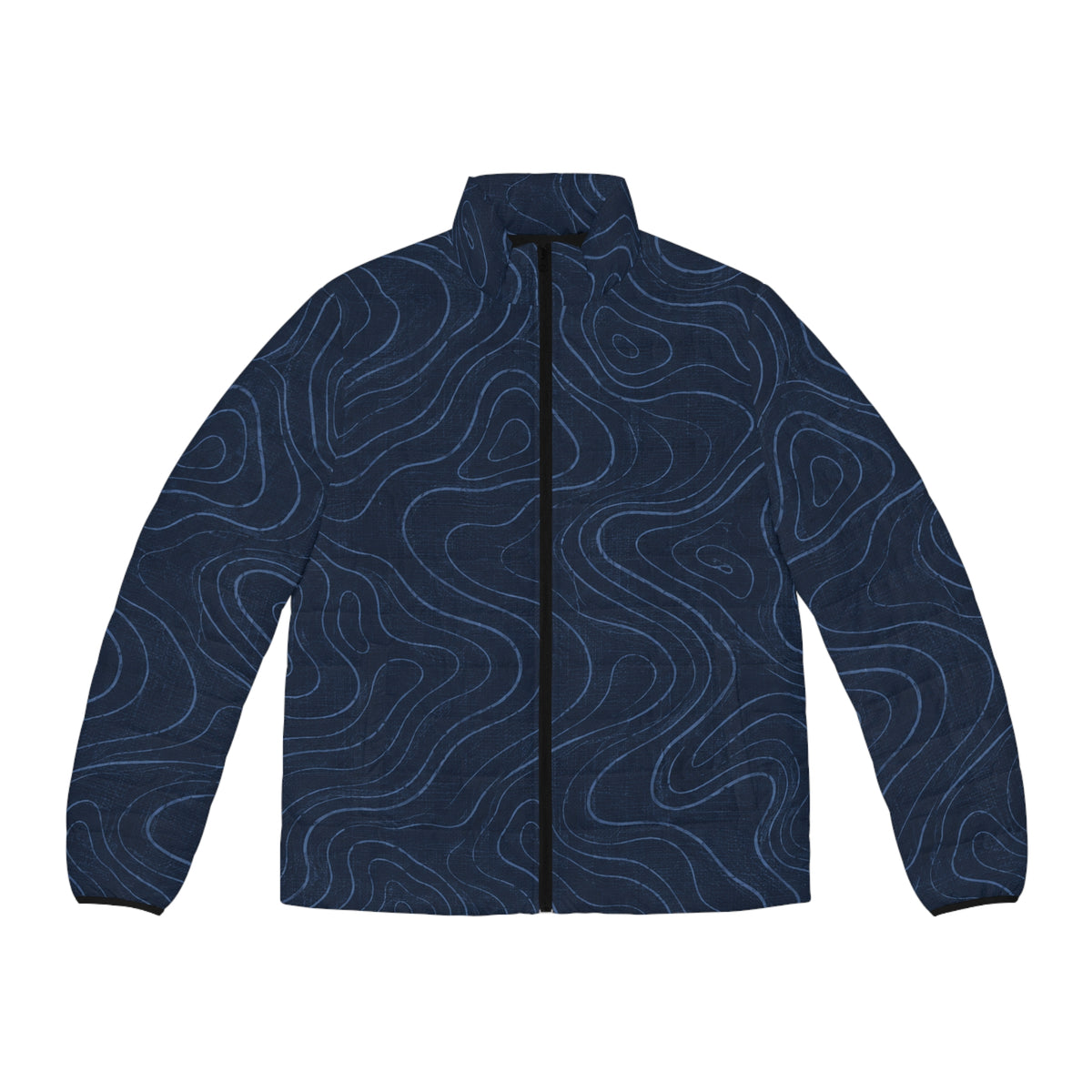 Men's Navy Contour Puffer Jacket – Swirling Topographic Pattern
