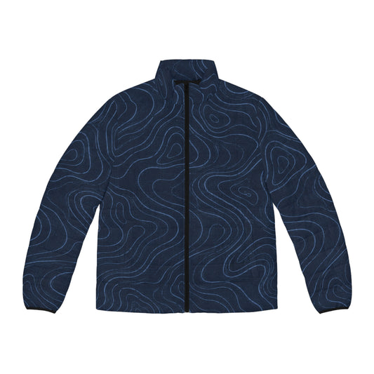 Men's Navy Contour Puffer Jacket – Swirling Topographic Pattern