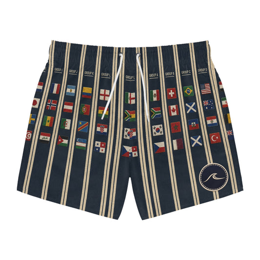 Surfache World Cup Groups 2026- Flags Swim Trunks — Retro Striped Vacation Boardshorts