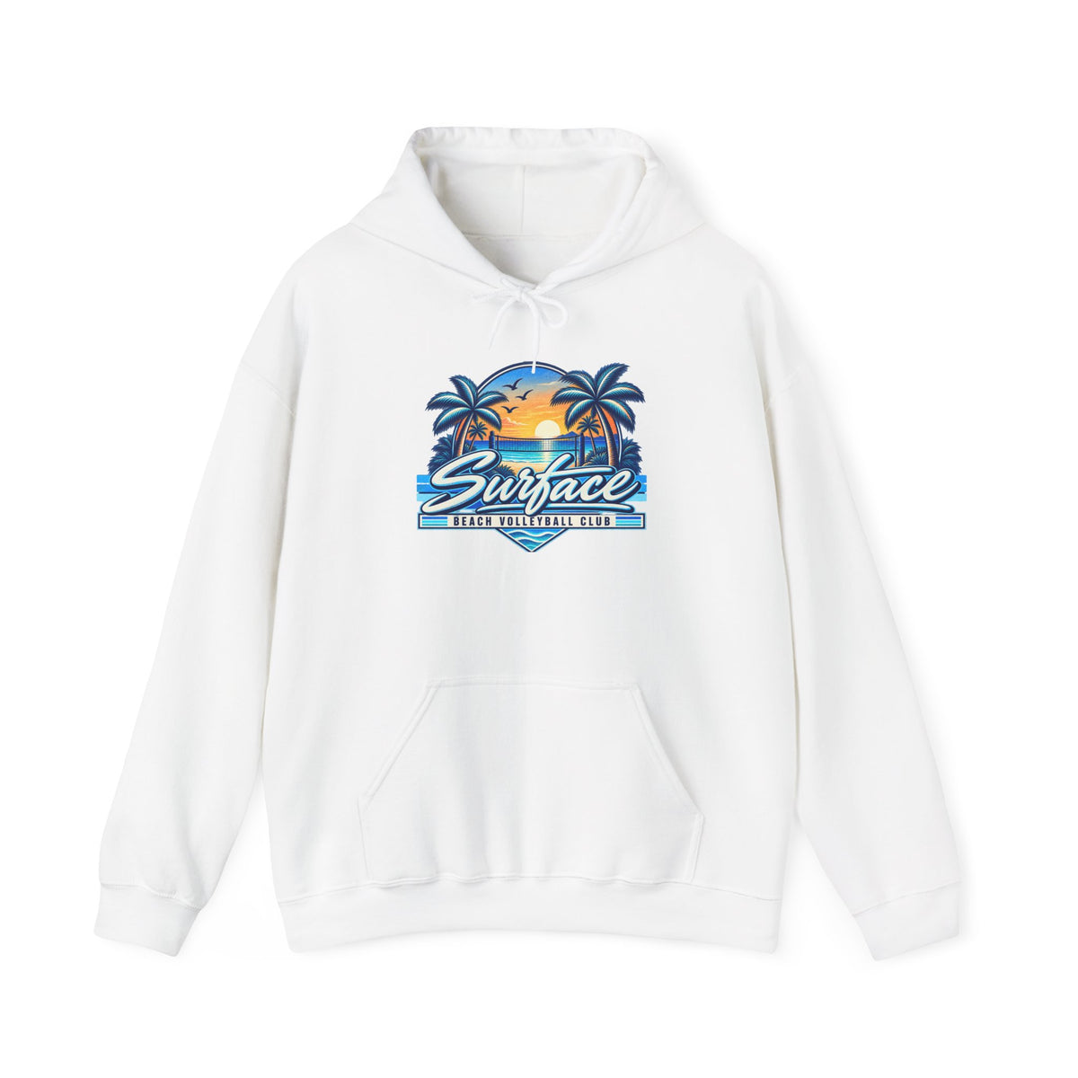 Surface Beach Club Hoodie — Retro Palm Sunset Surf Graphic