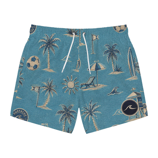 Surfache World Cup Men's Tropical Beach Print Swim Trunks — Palm Trees, Surf & Lifeguard Pattern