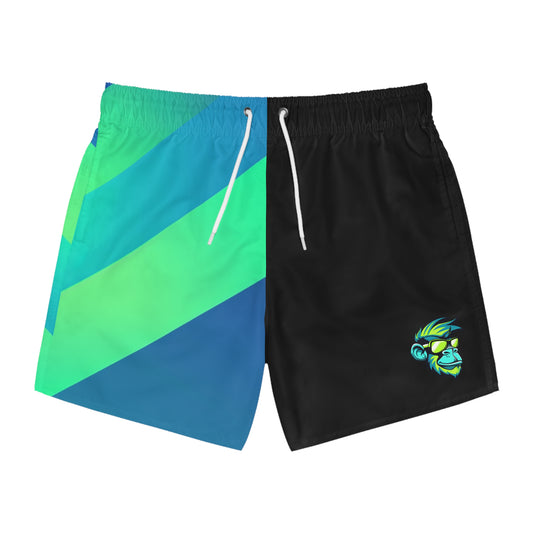 Men's Split-Panel Teal Stripe Swim Trunks with Neon Monkey Logo