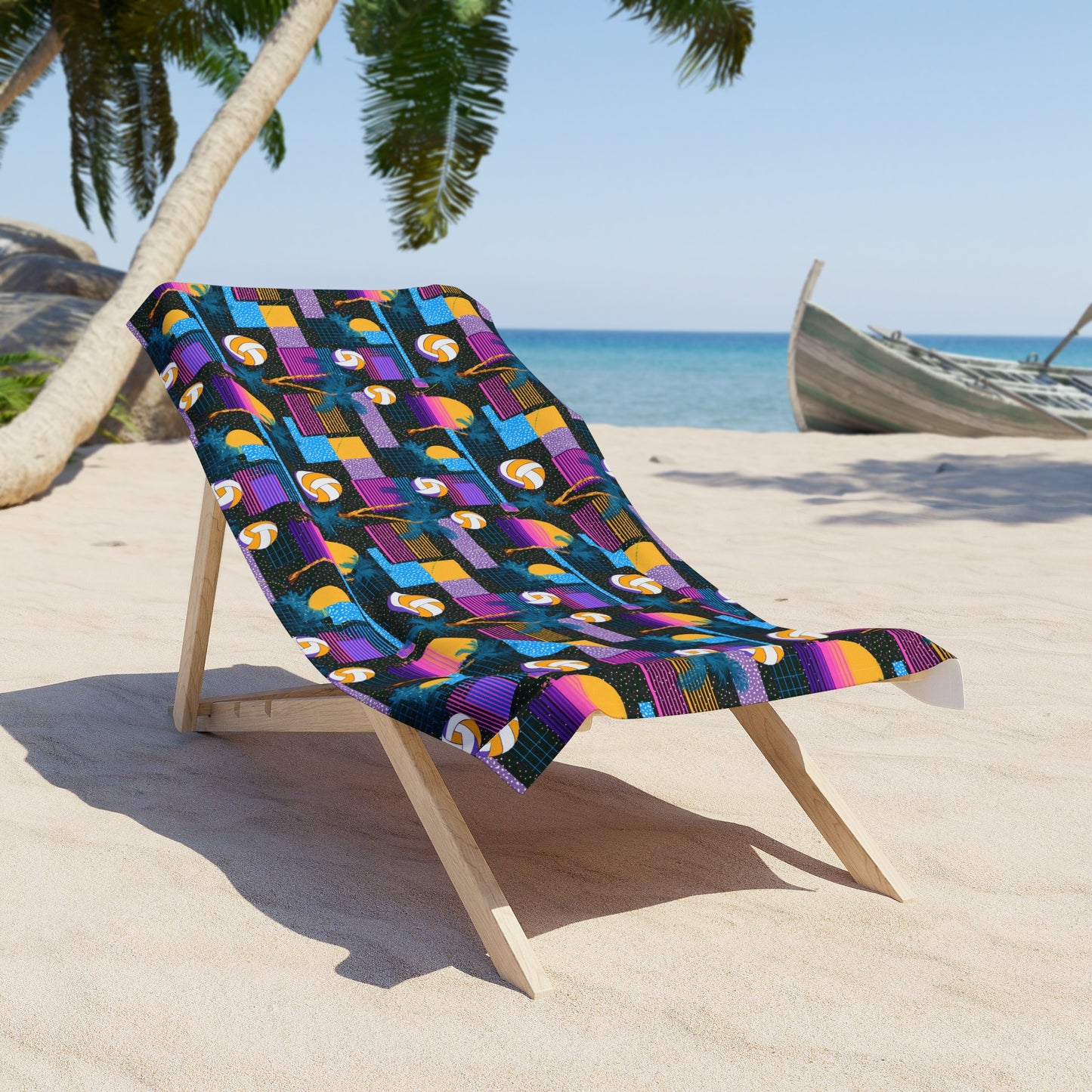 Retro Neon Surf & Palm Beach Towel — 80s Sunset Volleyball Pattern