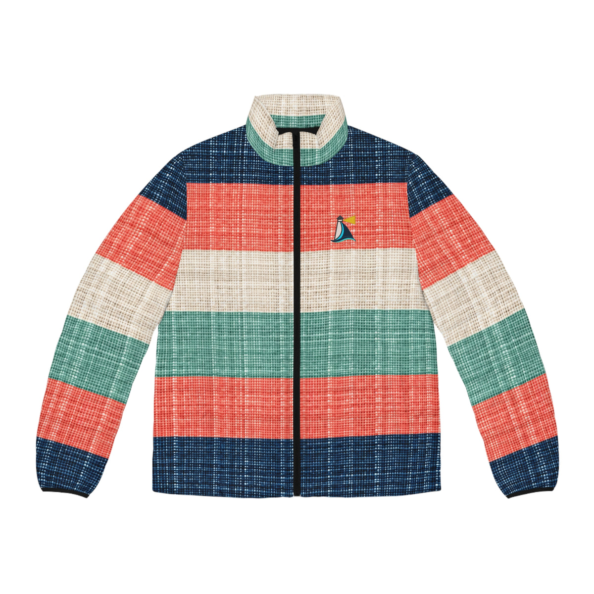 Beach Club Collective Harbor Stripe Puffer Jacket with Colorful Sailboat Chest Logo