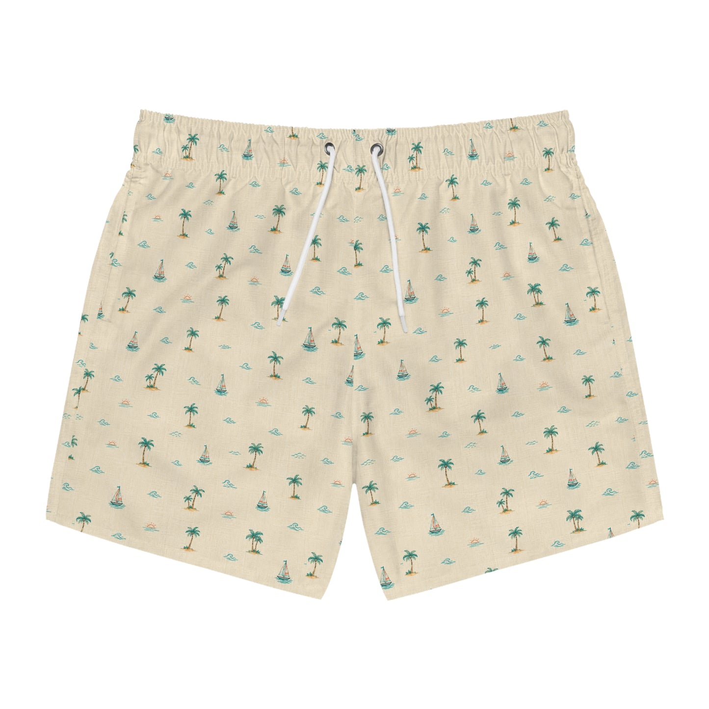 Tropical Palm Print Swim Trunks — Beige All-Over-Print Beach Shorts