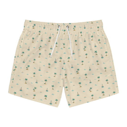 Tropical Palm Print Swim Trunks — Beige All-Over-Print Beach Shorts