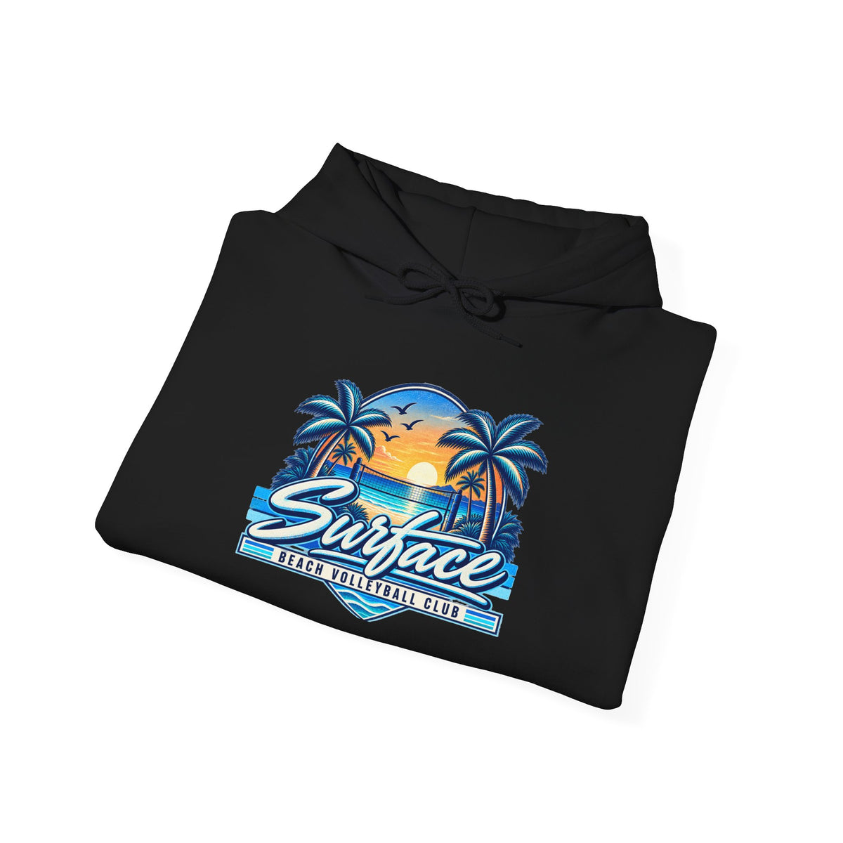 Surface Beach Club Hoodie — Retro Palm Sunset Surf Graphic