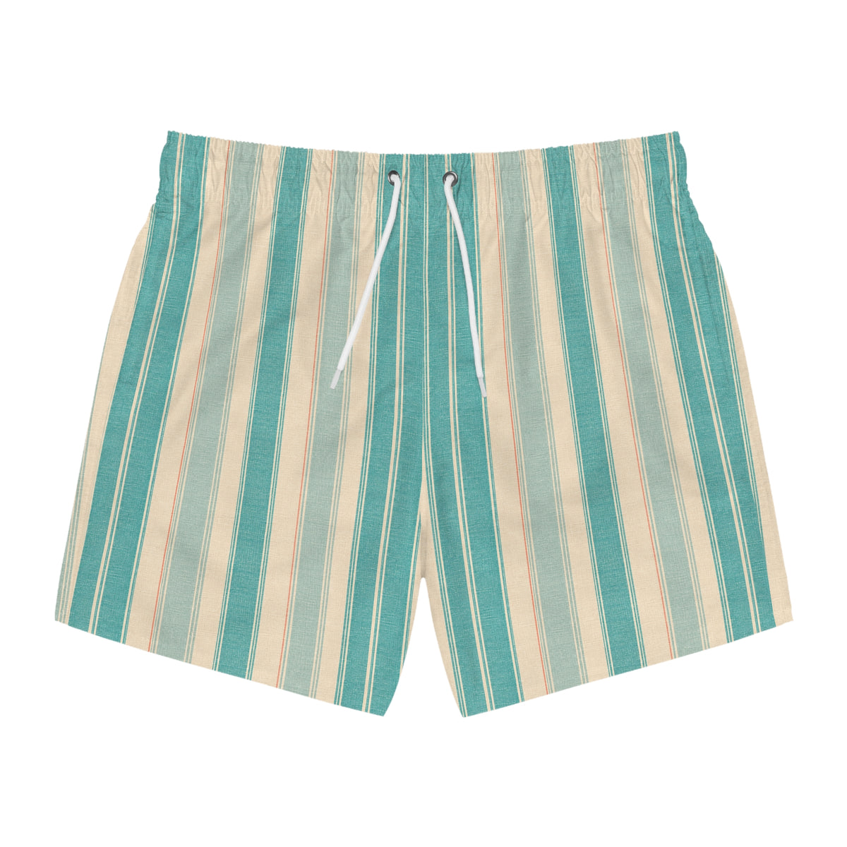 Aqua Beach Stripe Swim Trunks — Retro Teal & Cream Men's Swim Shorts
