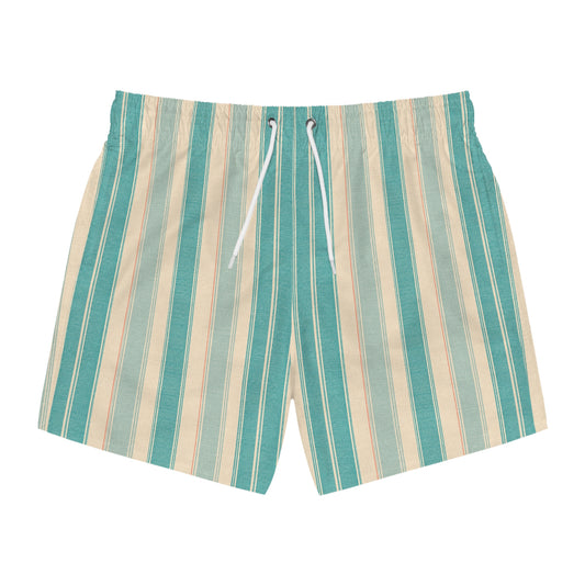 Aqua Beach Stripe Swim Trunks — Retro Teal & Cream Men's Swim Shorts