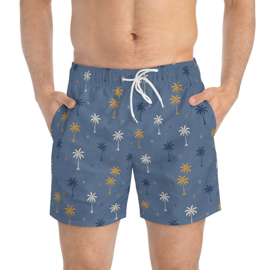 Palm Tree Swim Trunks — Blue All-Over Print Beach Shorts