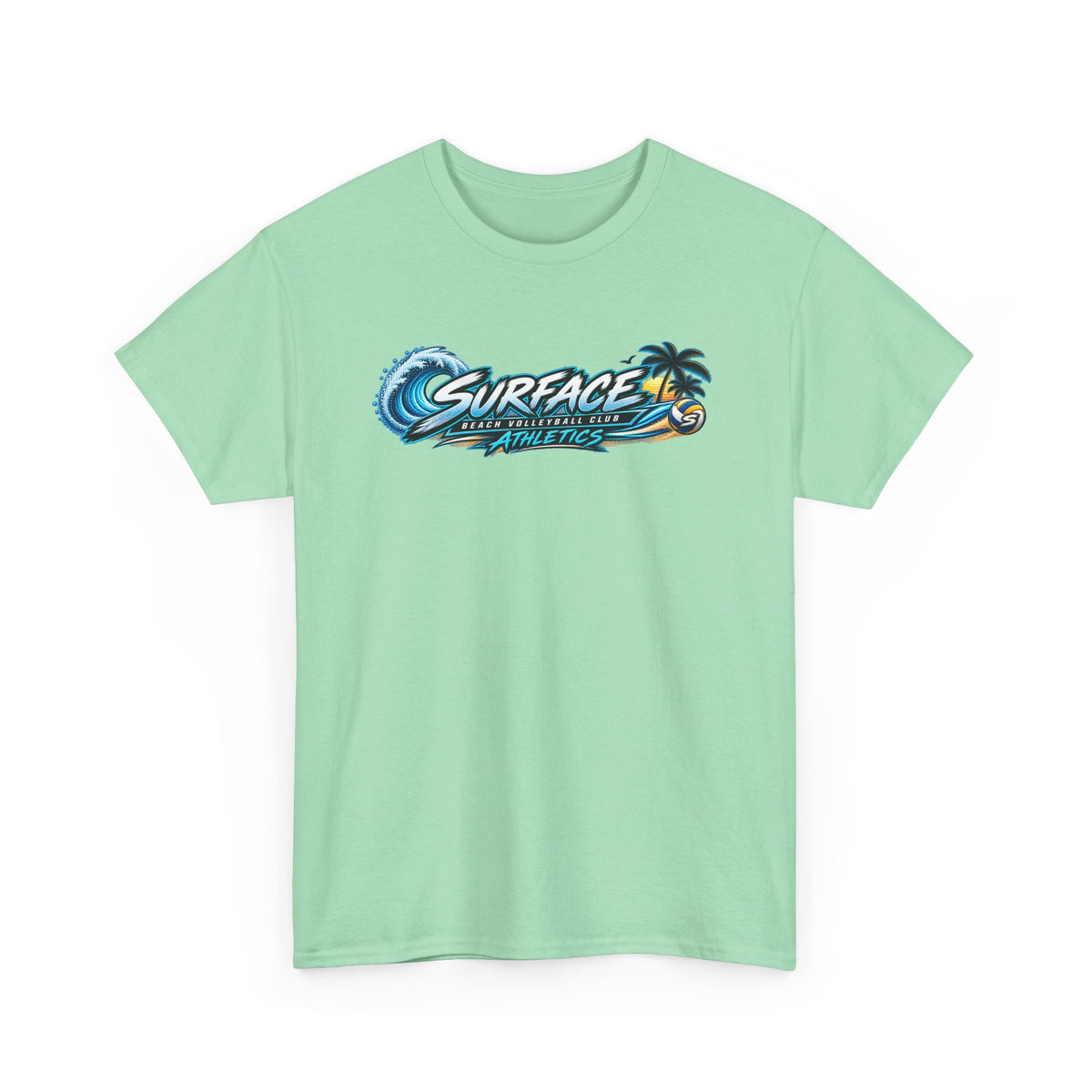 Surface Beach Volleyball Tee — Sunset Wave Palm Graphic T‑Shirt