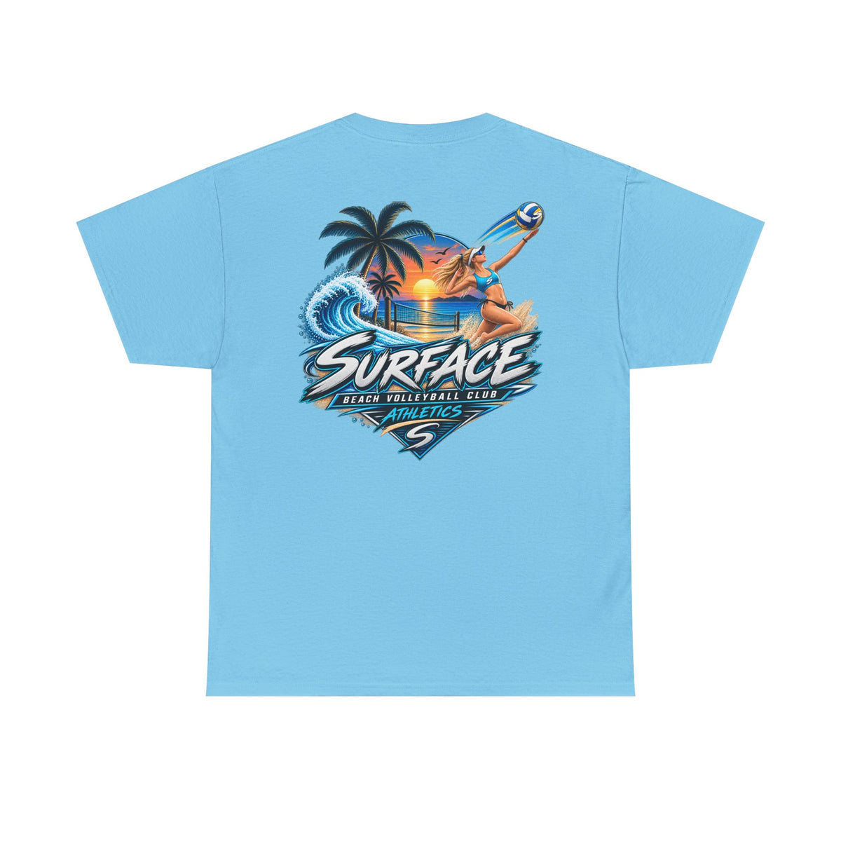 Surface Beach Volleyball Tee — Sunset Wave Palm Graphic T‑Shirt