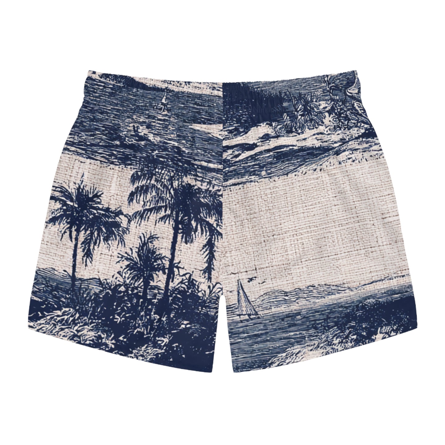 Surfache Vintage Coastal Swim Trunks — Retro Palm Tree & Sailboat Print