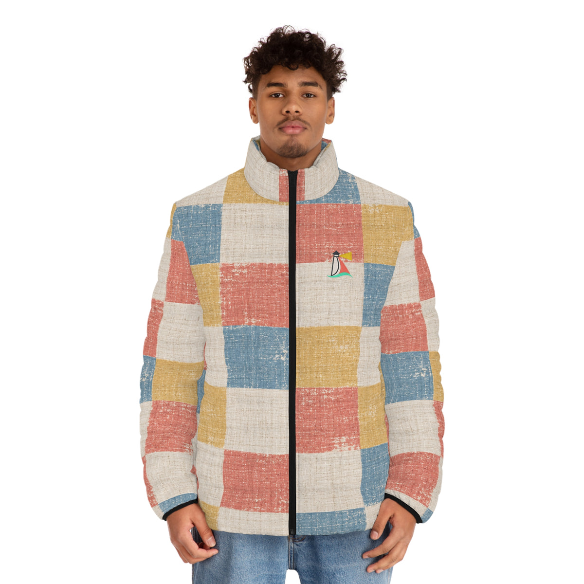 Beach Club Collective Cabana Patchwork Puffer Jacket with Colorful Sailboat Chest Logo
