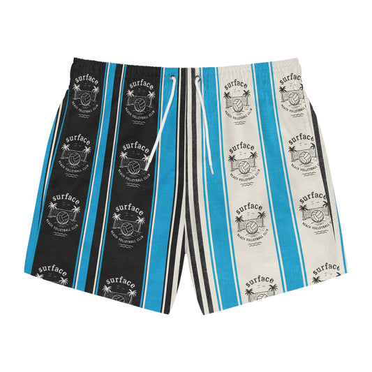 Striped Surf Club Swim Trunks — Blue & Black All-Over Print