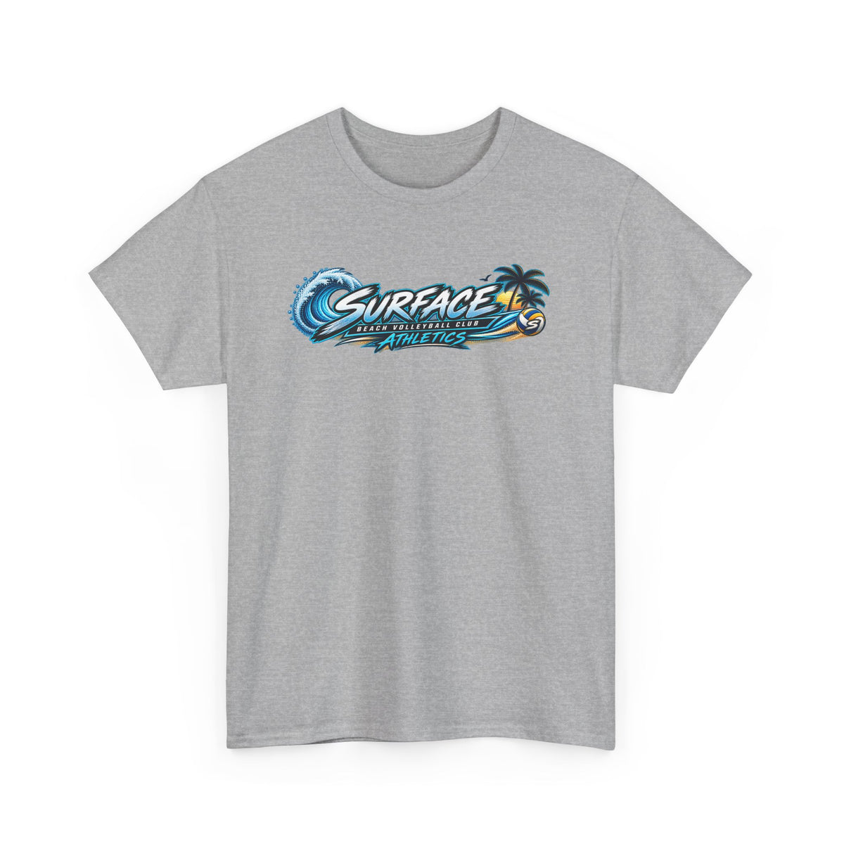 Surface Beach Volleyball Tee — Sunset Wave Palm Graphic T‑Shirt