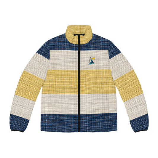 Striped Nautical Puffer Jacket — Men's Sailboat Embroidered Outerwear