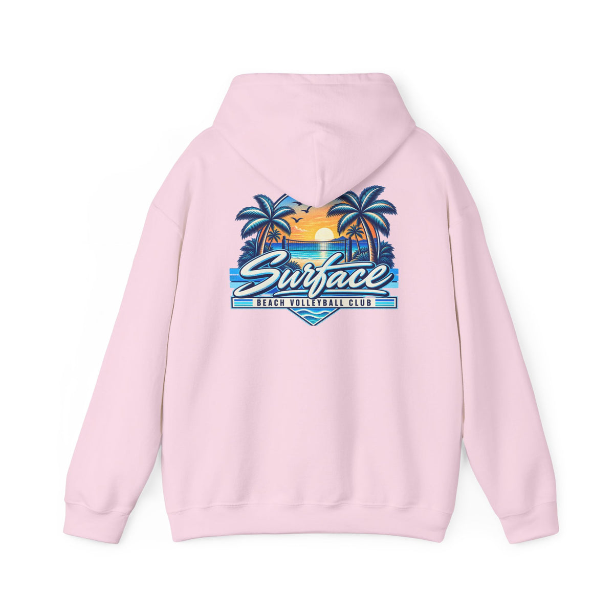 Surface Beach Club Hoodie — Retro Palm Sunset Surf Graphic