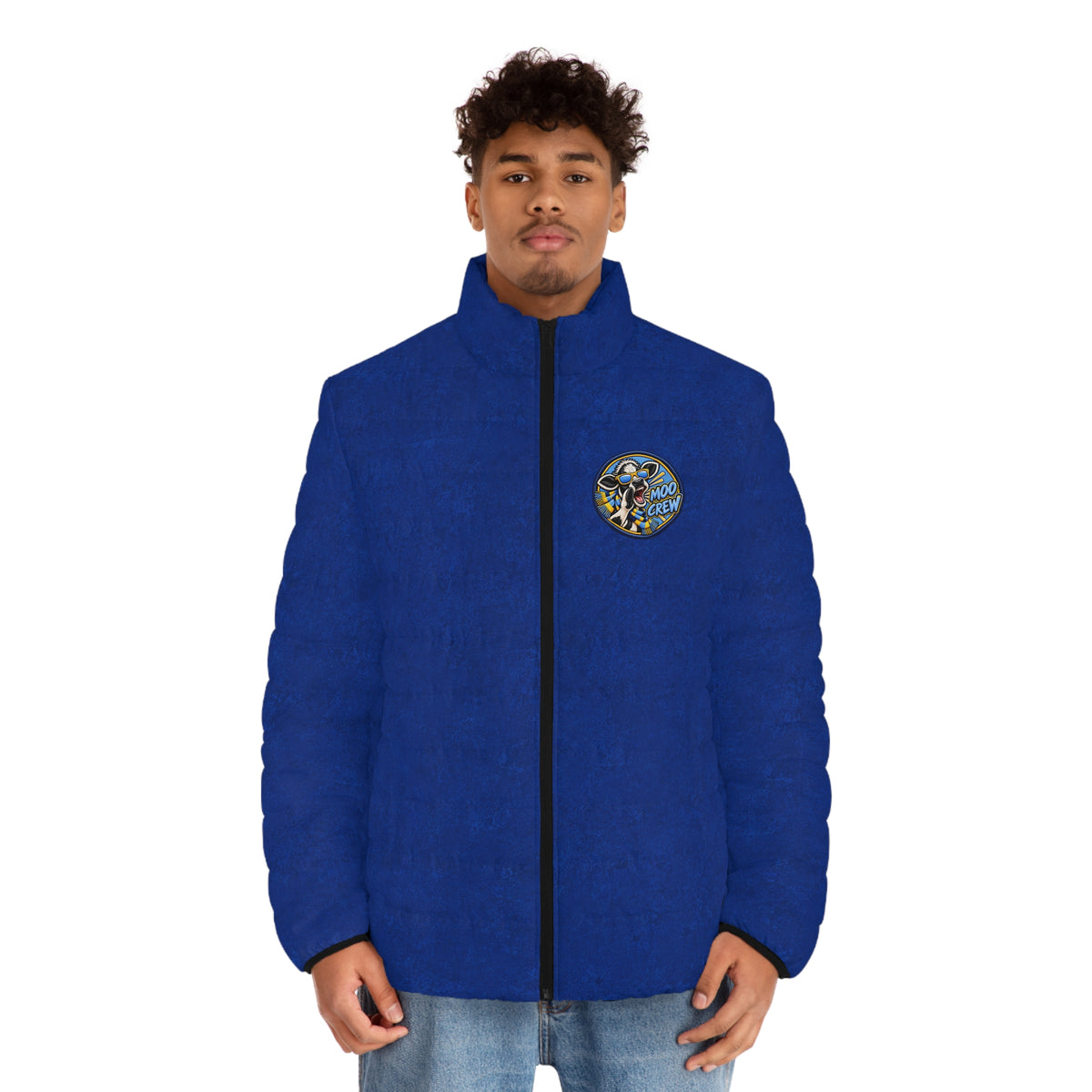Moo Crew Call The Herd Puffer Men’s Abstract Blue Printed Puffer Jacket