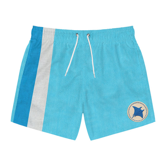 Surfache Men's Light Blue Beach Swim Trunks with Stripe & Manta Logo