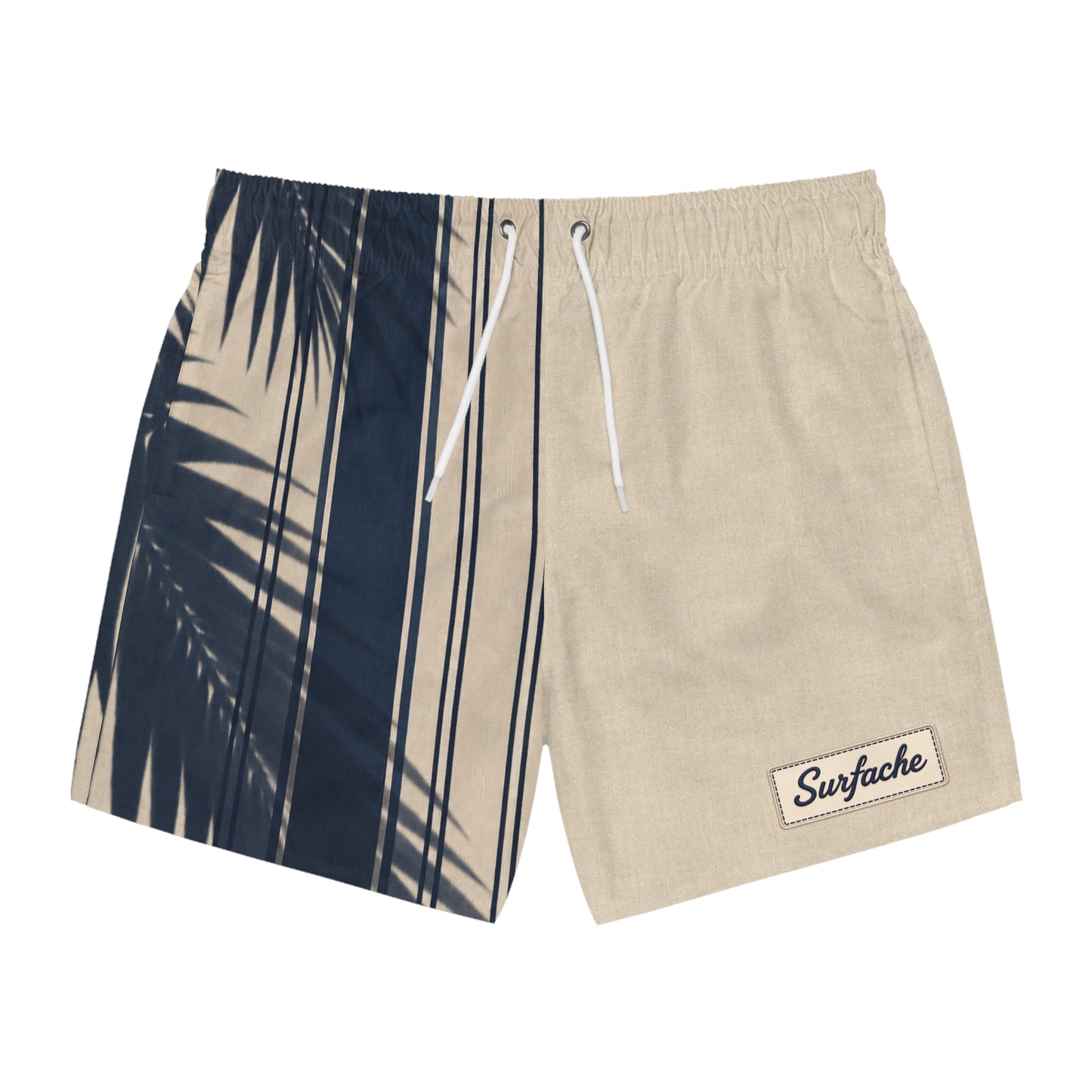 Surfache Palm Stripe Swim Trunks – Beige Navy Beach Shorts