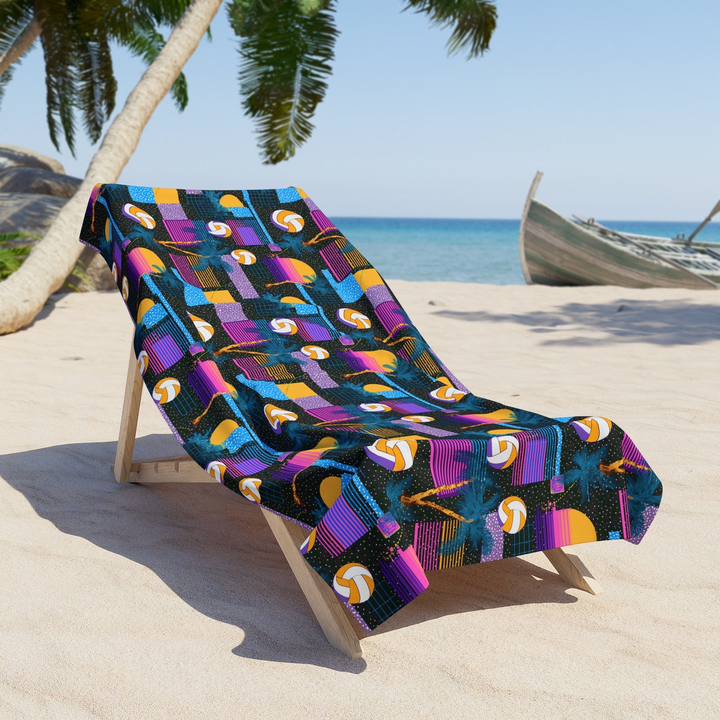 Retro Neon Surf & Palm Beach Towel — 80s Sunset Volleyball Pattern