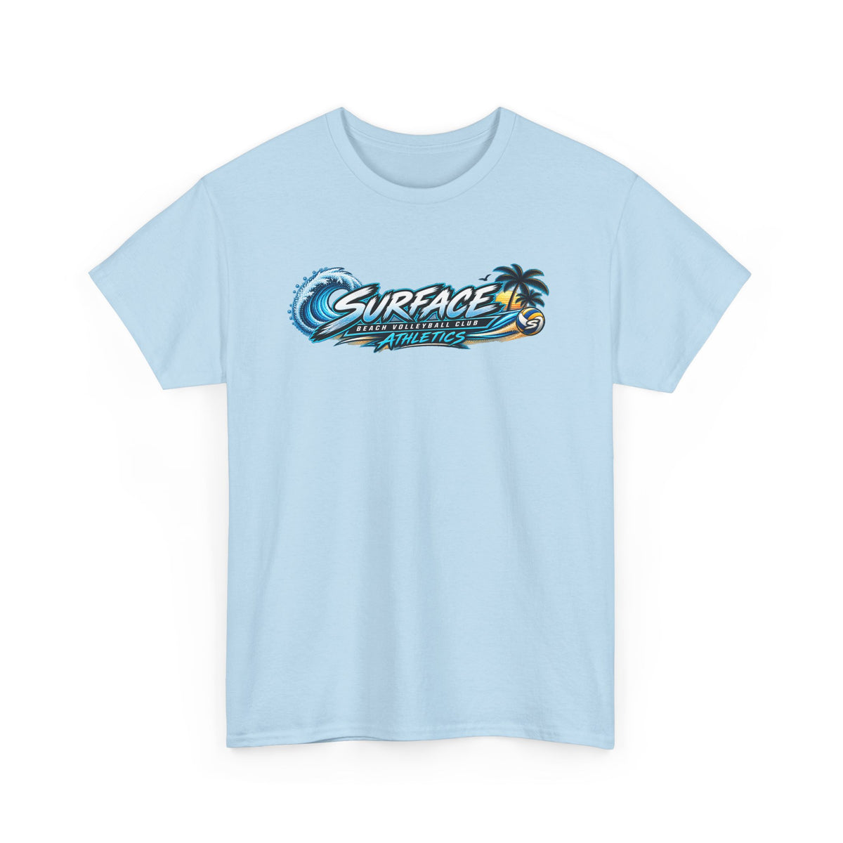 Surface Beach Volleyball Tee — Sunset Wave Palm Graphic T‑Shirt