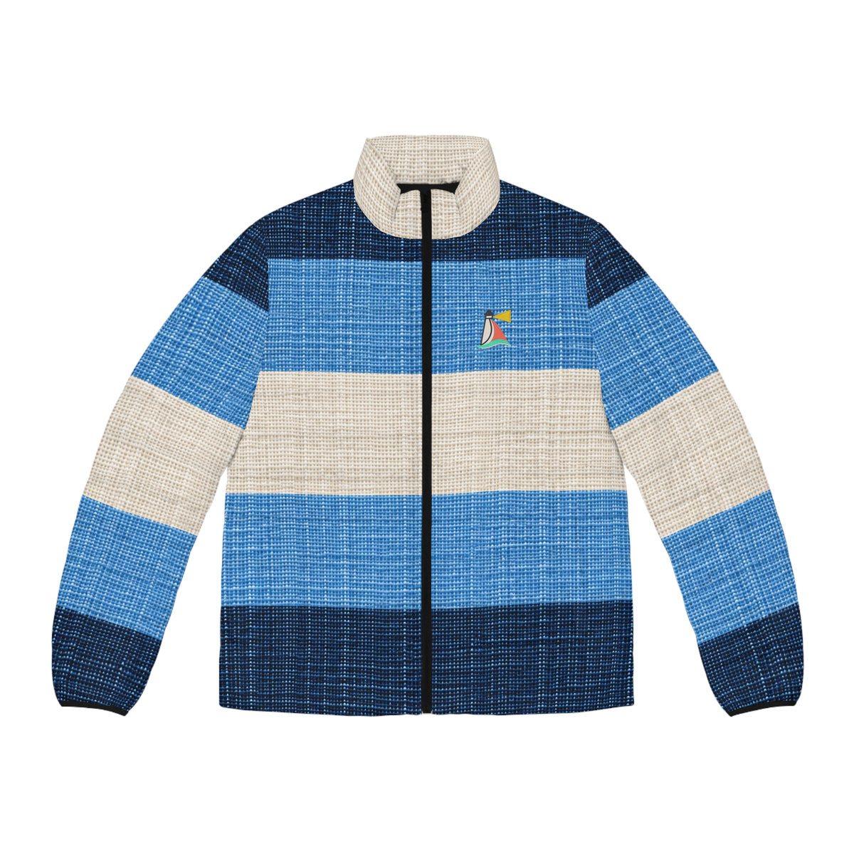 Beach Club Collective Regatta Blue Stripe Puffer Jacket with Colorful Sailboat Chest Logo