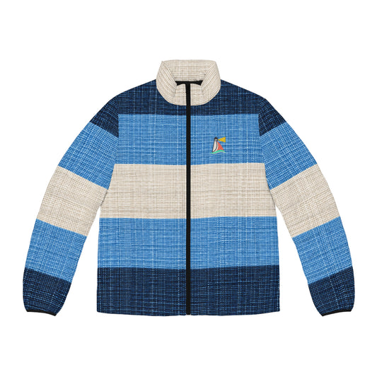 Beach Club Collective Regatta Blue Stripe Puffer Jacket with Colorful Sailboat Chest Logo