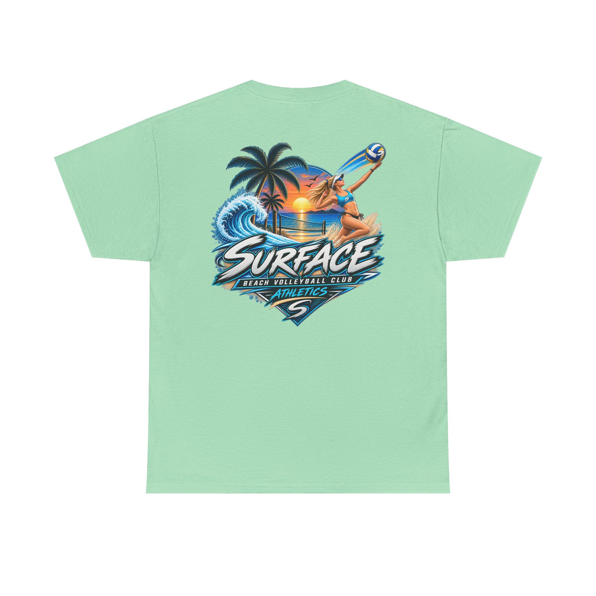 Surface Beach Volleyball Tee — Sunset Wave Palm Graphic T‑Shirt
