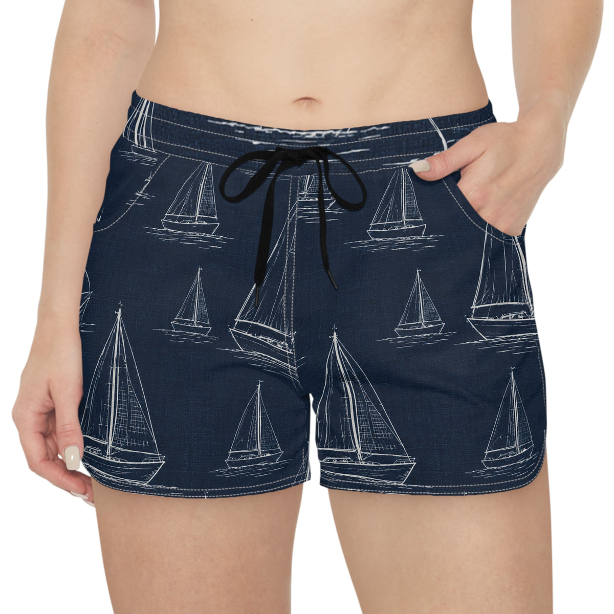Sailboat Print Women's Casual Shorts — Nautical Navy Summer Beach Lounge Shorts