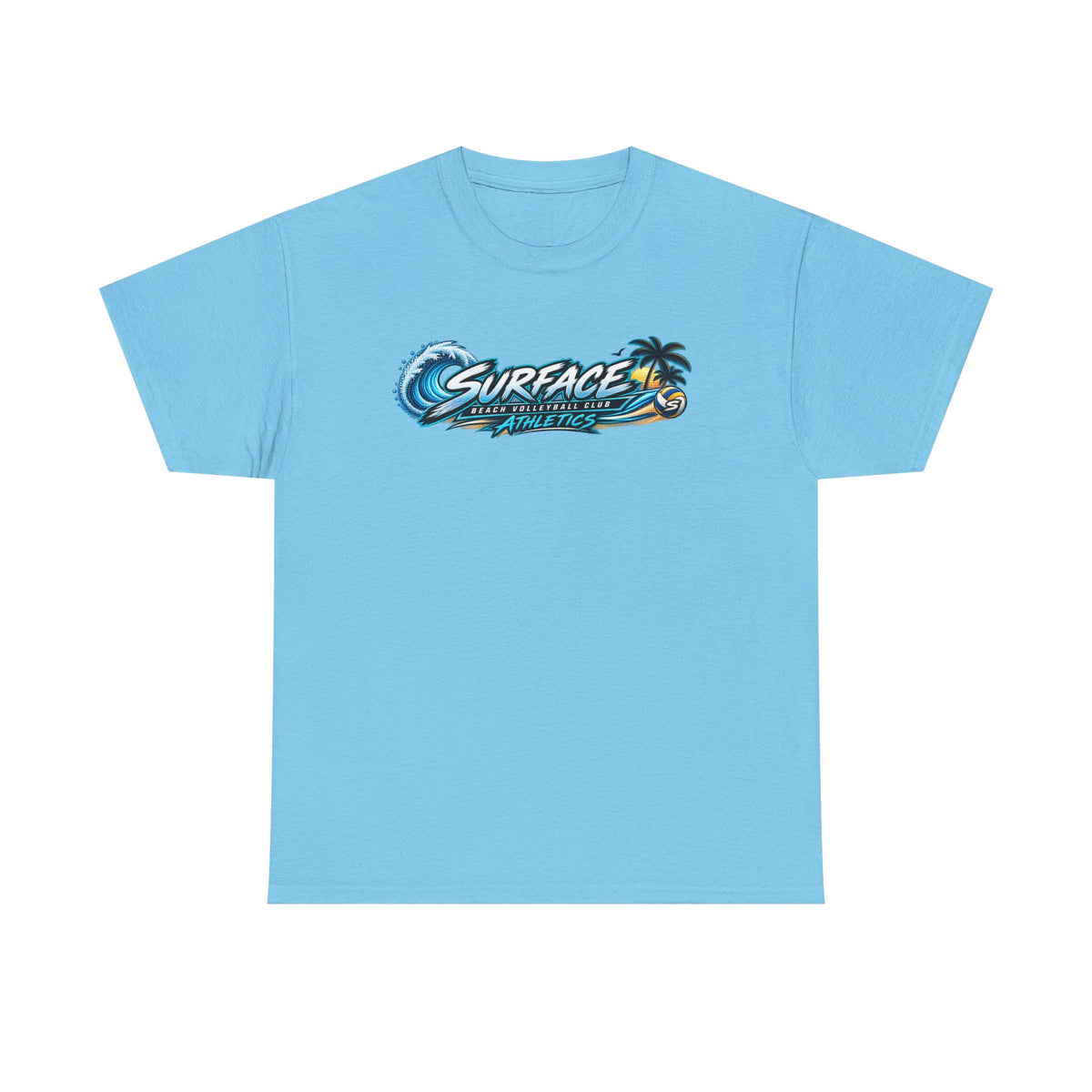 Surface Beach Volleyball Tee — Sunset Wave Palm Graphic T‑Shirt