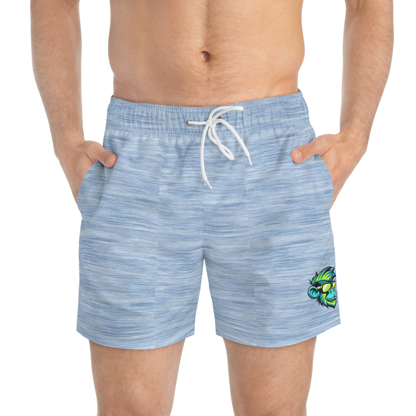 Copy of Blue Heather Swim Trunks with Tropical Parrot Patch — Men's Beach Swim Shorts