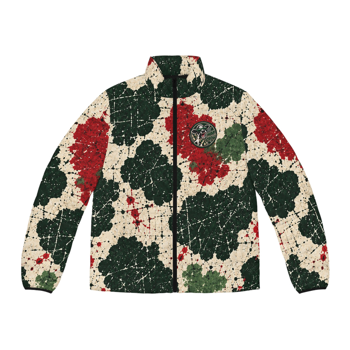 Moo Crew Calling The Herd WI Teams Men’s Puffer Jacket – Red, Black & Cream Holstein Print