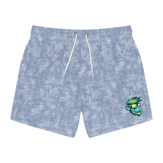 Blue Tie-Dye Swim Trunks with Neon Surf Fish Accent