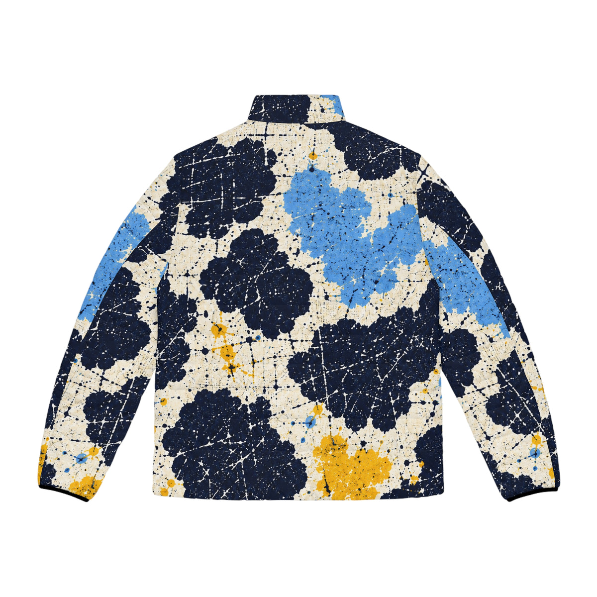 Moo Crew Call The Herd Puffer Men’s Abstract Blue, Navy & Yellow Printed Puffer Jacket
