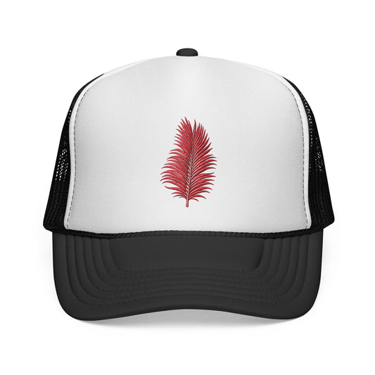 Surfache Palm Embroidered Trucker Cap — Minimal Red Feather Mesh Hat