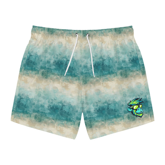 Men's Teal Beach Wave Swim Trunks — All-Over Print with Surf Skull Accent