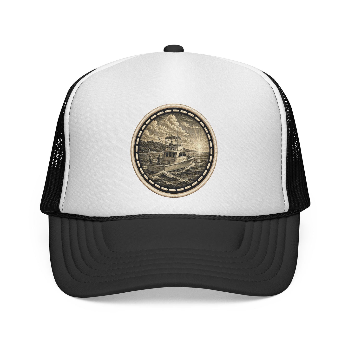 Surfache Trucker Cap with Vintage Charter Fishing Patch — Retro Outdoor Adventure Hat