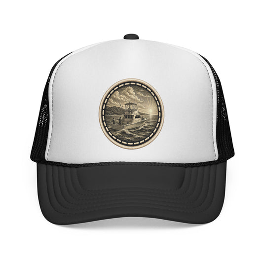 Surfache Trucker Cap with Vintage Charter Fishing Patch — Retro Outdoor Adventure Hat