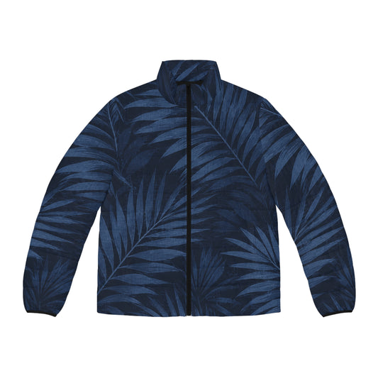 Men's Navy Palm-Print Puffer Jacket — Lightweight Tropical Quilt