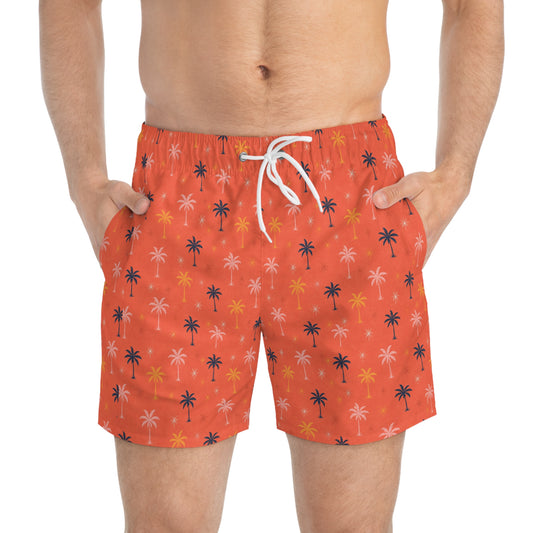 Palm Print Swim Trunks — Coral Tropical Beach Shorts