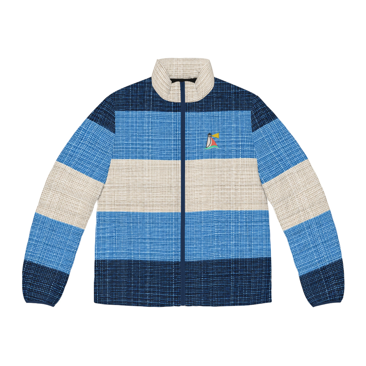 Beach Club Collective Regatta Blue Stripe Puffer Jacket with Colorful Sailboat Chest Logo