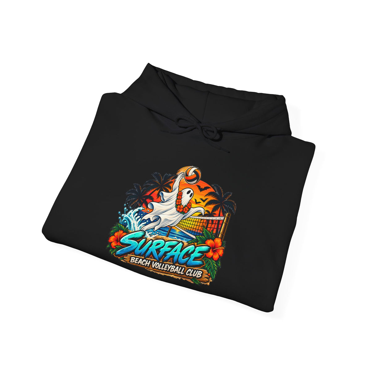 Surface Beach Volleyball Club Halloween Hoodie — Retro Tropical Surfing Graphic