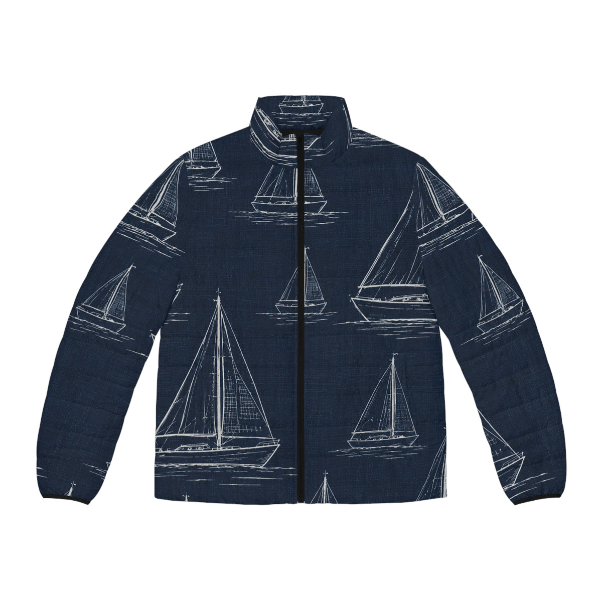 Navy Sailboat Puffer Jacket — Men's Nautical Quilted Coat