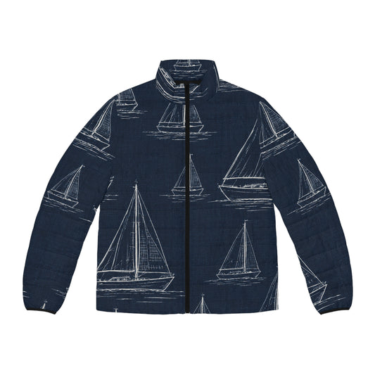 Navy Sailboat Puffer Jacket — Men's Nautical Quilted Coat